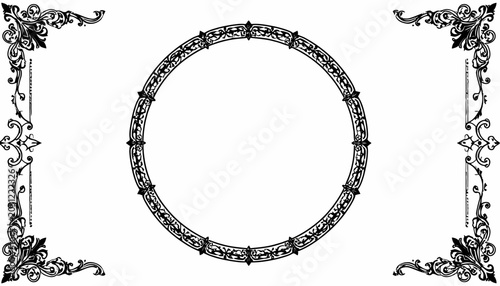 Ornate circular vintage frame with decorative corner elements.