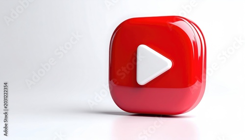 A glossy red button with a white play symbol on a white background