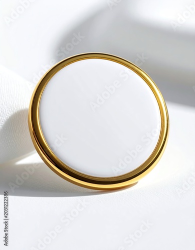 A white circular disc with a gold rim sits on a white fabric surface
