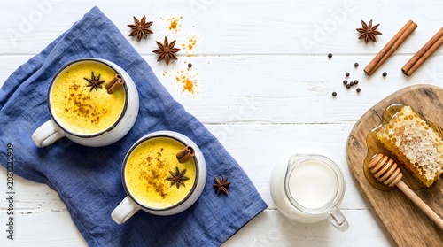 Flat lay of golden milk turmeric latte with spices, honeycomb, and milk on a white wooden background with copy space