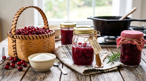 Homemade cranberry jam in glass mason jars with fresh berries in a rustic basket and sugar on a wooden kitchen table