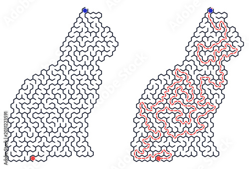 Maze for kids activity with answer and path illustrated in red  