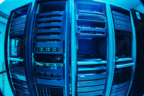 Plakat Futuristic glowing server front panel Abstract technology background representing cybersecurity web hosting and network infrastructure.