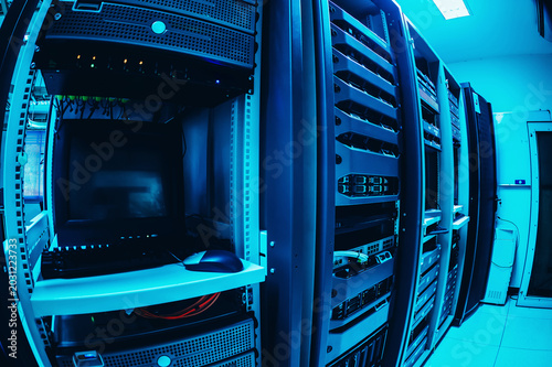Plakat Futuristic glowing server front panel Abstract technology background representing cybersecurity web hosting and network infrastructure.