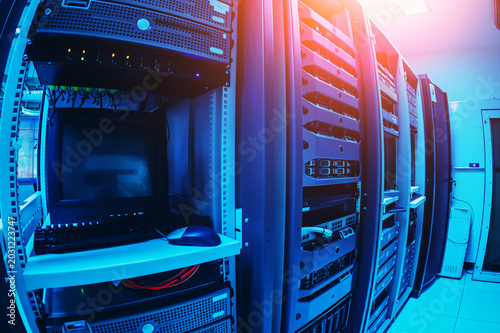 Fototapeta Futuristic glowing server front panel Abstract technology background representing cybersecurity web hosting and network infrastructure.