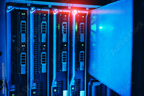 Obraz na płótnie Futuristic glowing server front panel Abstract technology background representing cybersecurity web hosting and network infrastructure