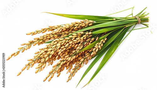 Golden stalks of ripe grain tied together with green leaves