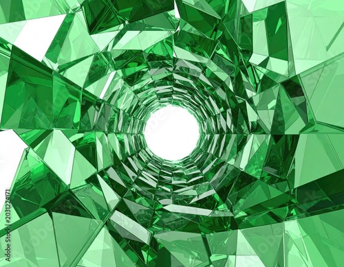 Abstract tunnel of shimmering green crystalline facets leading to bright white light