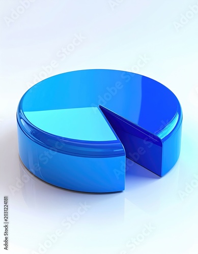 A shiny blue pie chart with a single slice removed, isolated on white