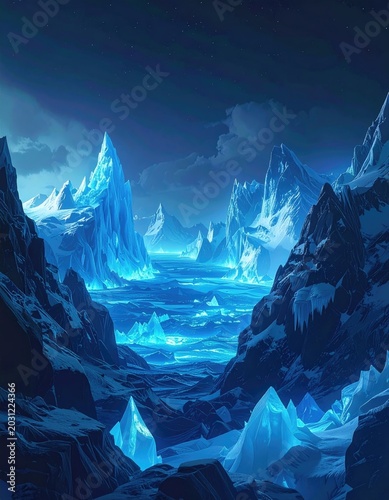 A majestic, glowing icy landscape with sharp peaks under a starry sky