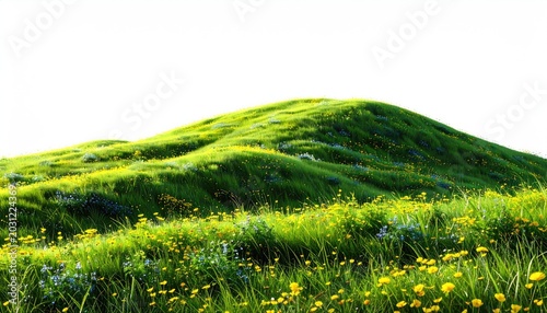 Verdant rolling hill, dotted with wildflowers, under a bright, white sky