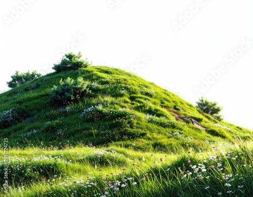 Lush green grassy hill dotted with wildflowers and small trees