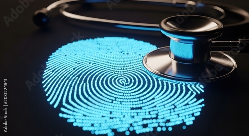 A stethoscope lies on a dark surface next to a glowing blue fingerprint.