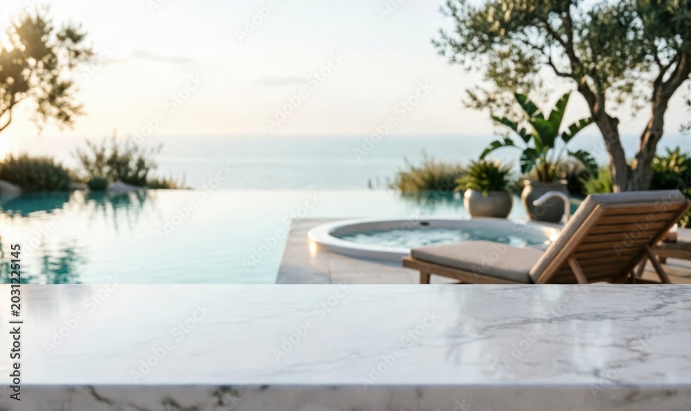 Obraz premium Luxury Poolside View with Ocean Horizon for Web Design