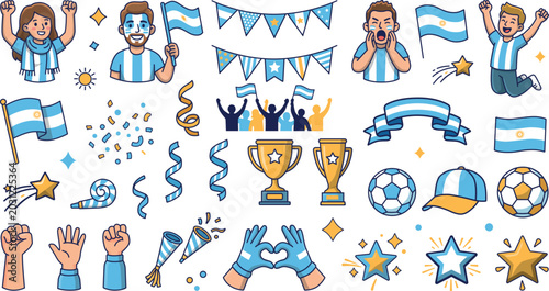 Bild auf Leinwand Argentinian football celebration vector set – fans, flags, trophies and party el