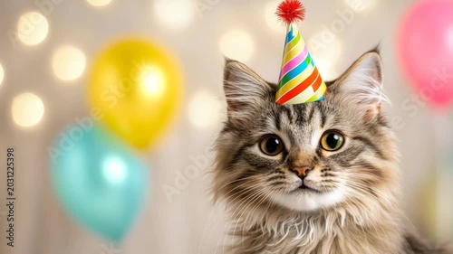 Cute cat wearing party hat with colorful balloons in background  
