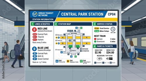Schilderij op canvas Information display showing public transit map, lines, stations, service status,