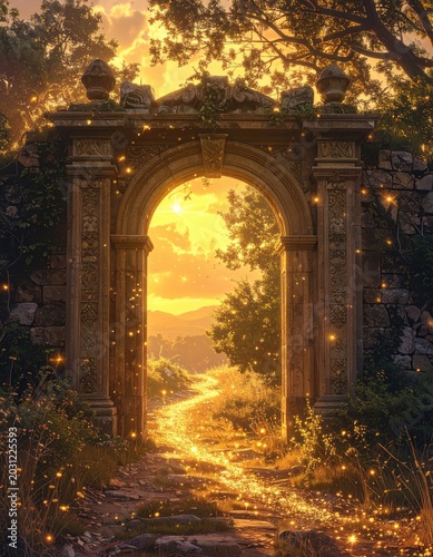 Ancient stone archway with a sunlit path, glowing particles, and lush greenery