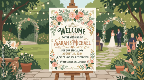 Fotografía Elegant Welcome Sign for a Garden Wedding Ceremony with Floral Decorations and A