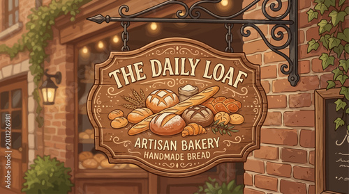 Fotografie The Daily Loaf Artisan Bakery A charming wooden sign showcasing delicious handma