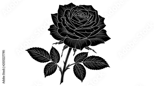 Tableau sur toile Black rose flower with leaves illustration.