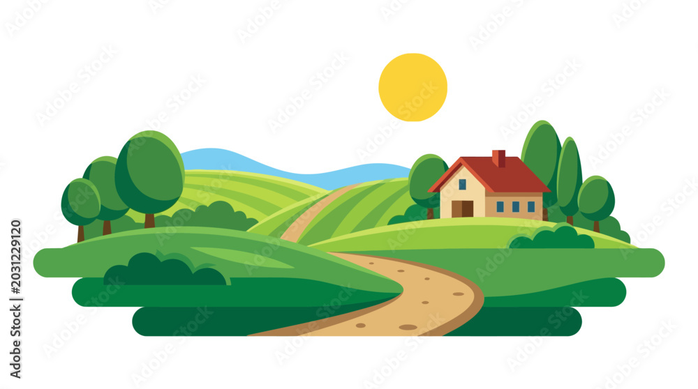 Obraz premium Full color vector countryside landscape with rolling hills