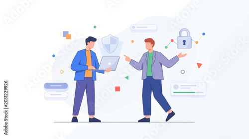 IT specialists discussing network security and data encryption strategies.