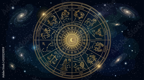 Schilderij op canvas Golden Astrological Zodiac Wheel Illuminated by Cosmic Starlight in a Deep Space