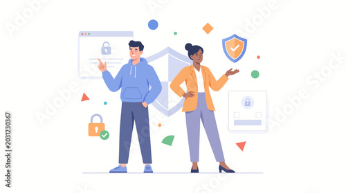 Business partners protecting personal account data with digital shields.