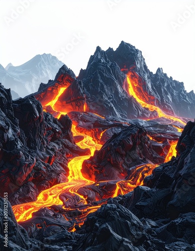 Molten fire flows through dark, jagged mountain peaks under a bright sky