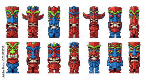 Foto Collection of Colorful Tiki Masks, Tropical Island Art, Tribal Symbols, Hawaii C