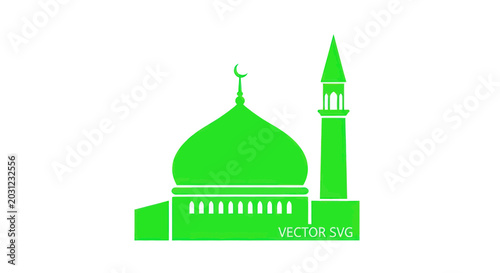 Fotografie Green Mosque Silhouette with Minaret and Crescent Moon Icon