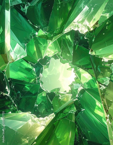 Abstract emerald gem cluster with light illuminating from a central void