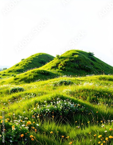 Rolling green hills dotted with wildflowers under a bright sky