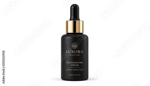 Luxora skincare rejuvenating serum in black bottle with gold accents isolated on white background