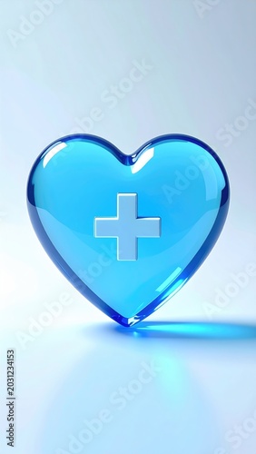 Transparent blue heart with white cross, symbol of health and care