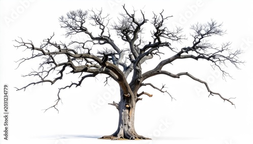 Gnarled, leafless ancient tree stands starkly against a pure white background