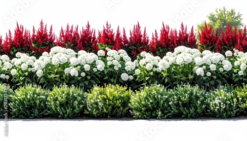 Vibrant, layered garden display of red plumes, white blooms, and green foliage
