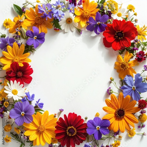 Vibrant ring of wildflowers red, yellow, purple, white blooms