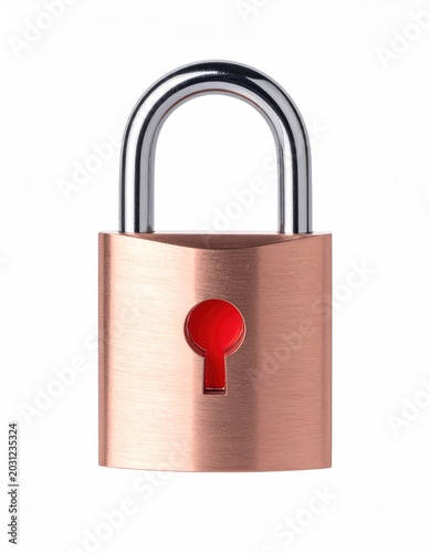 A copper padlock with a bright red keyhole on a white background