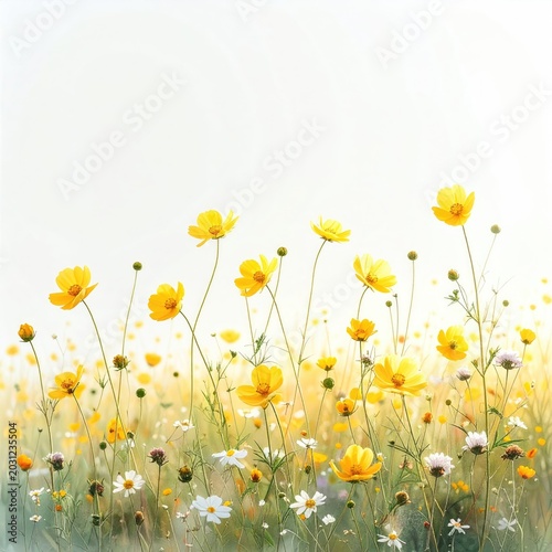 Delicate yellow and white wildflowers bloom against a soft, bright background