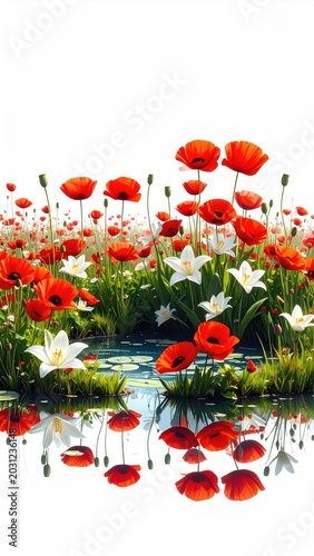 Vibrant red poppies and white lilies bloom beside a reflective pond