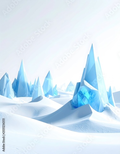 Jagged, glowing ice formations pierce a vast, pristine, snow-covered landscape