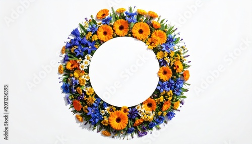 Circular floral arrangement with orange, blue, and white blossoms on white