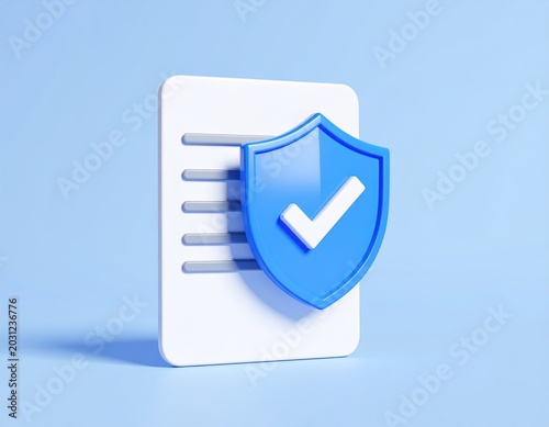 A blue shield with a white checkmark superimposed on a document