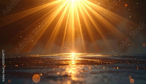 Bright golden rays illuminate a shimmering surface with floating dust particles