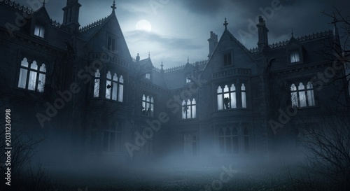 A mysterious haunted gothic mansion under a full moon on a spooky foggy night.