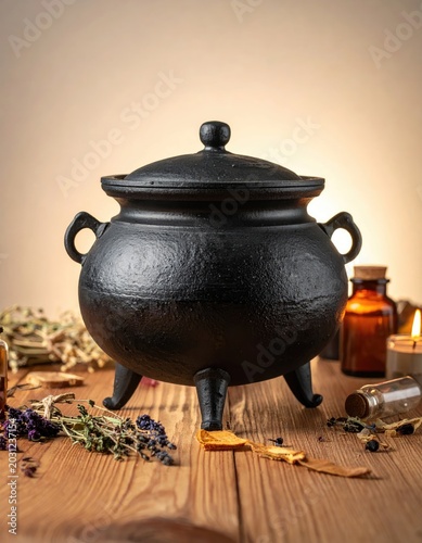 Black cauldron with handles and lid sits on wood table with herbs