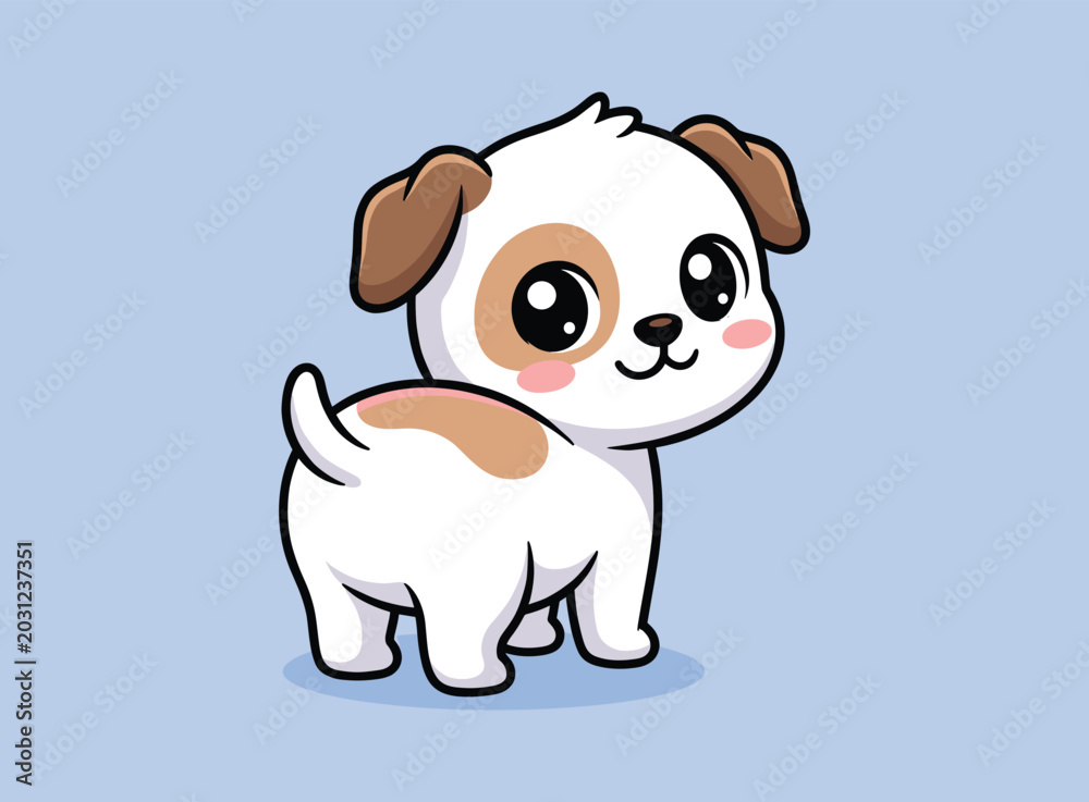 Fototapeta premium Cute cartoon puppy looking backwards with big eyes on a soft light blue background