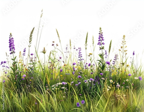 Vibrant meadow with diverse wildflowers and grasses against white